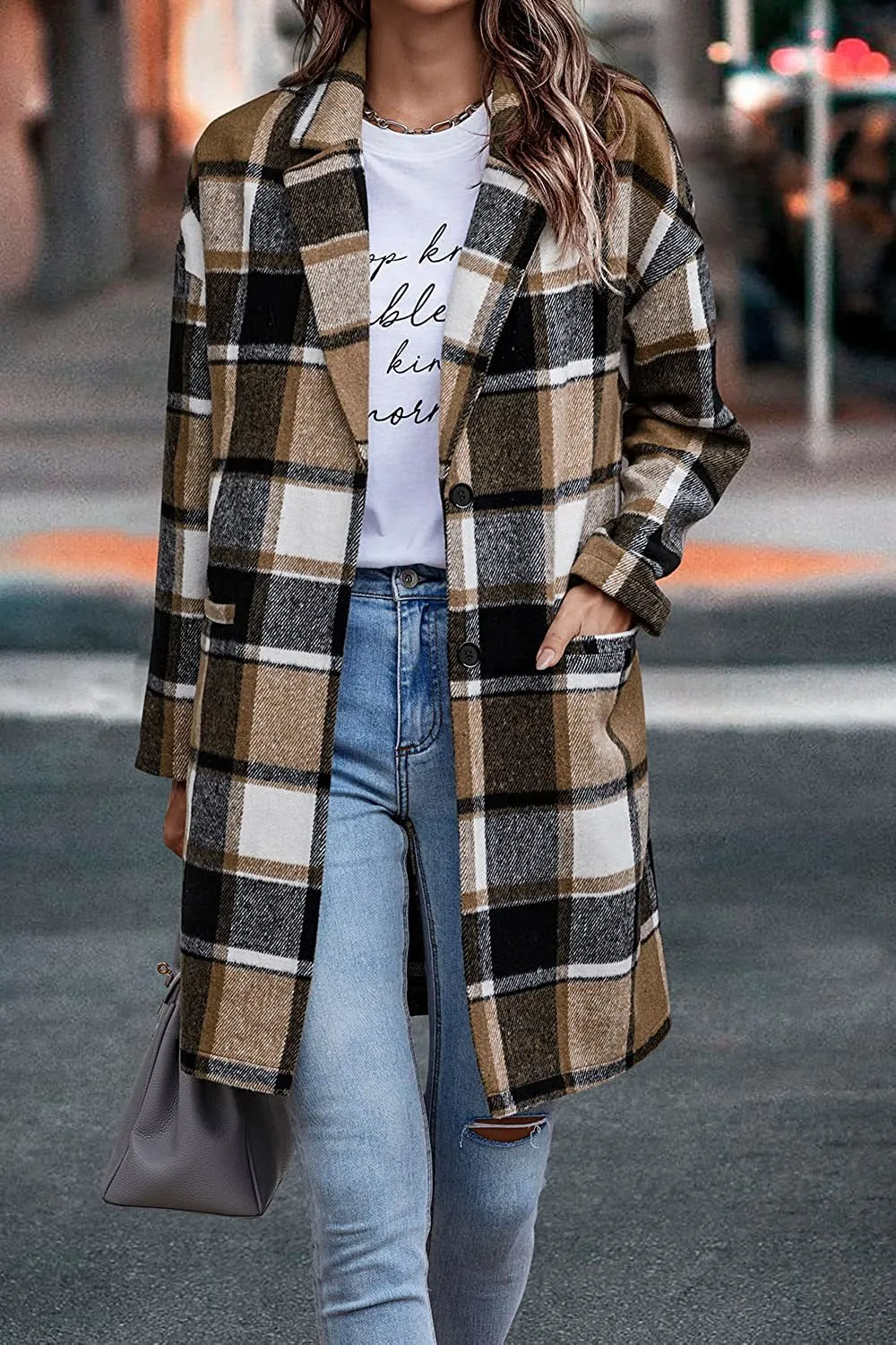 Fashion Plaid Long Jacket With Pockets Autumn And Winter New Style Turndown Collar Woolen Coat Outdoor Women Clothing