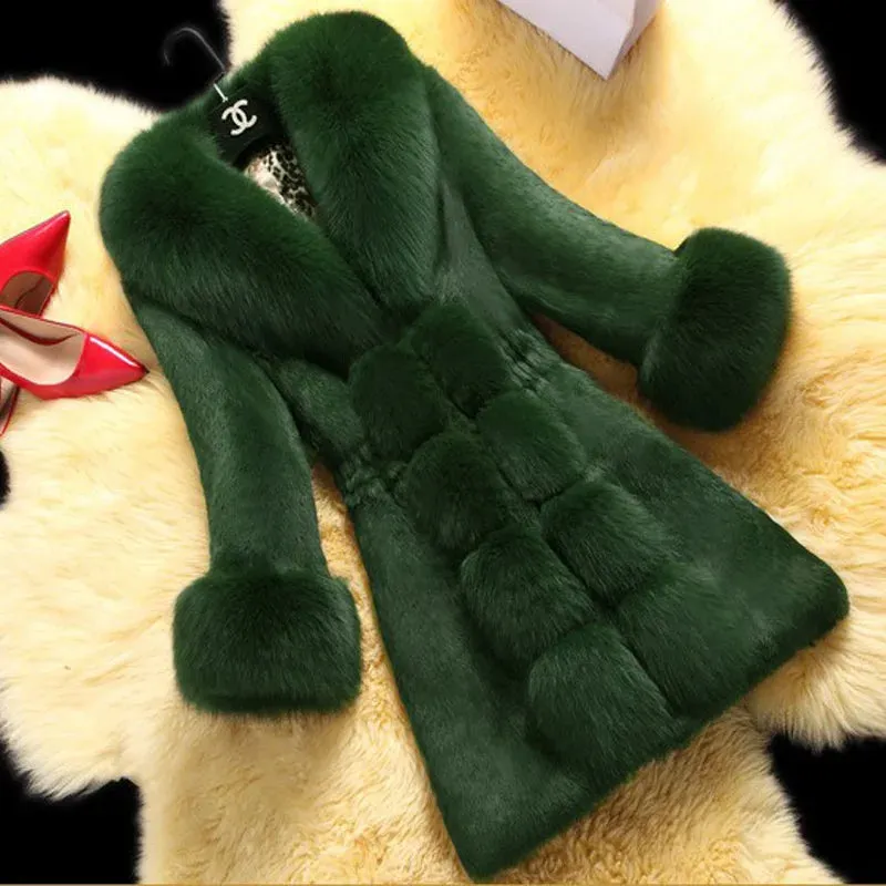 Faux Fur Coat for Women Fashion Faux Rabbit Fur Medium Length Fur Collar Coat