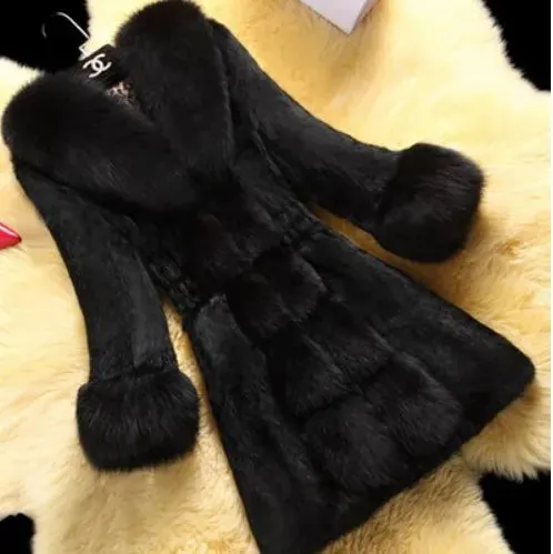 Faux Fur Coat for Women Fashion Faux Rabbit Fur Medium Length Fur Collar Coat