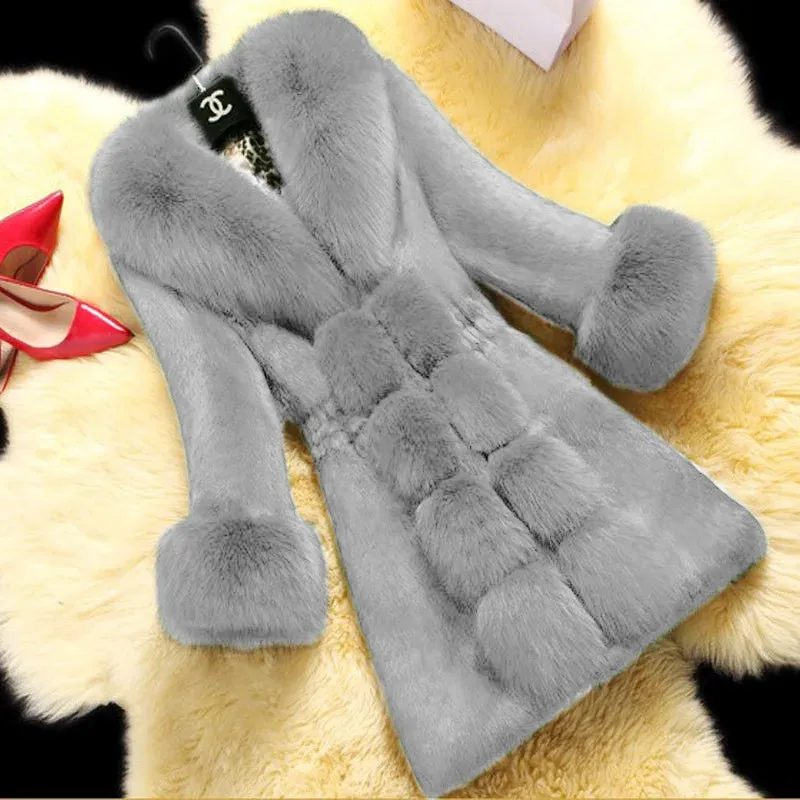 Faux Fur Coat for Women Fashion Faux Rabbit Fur Medium Length Fur Collar Coat