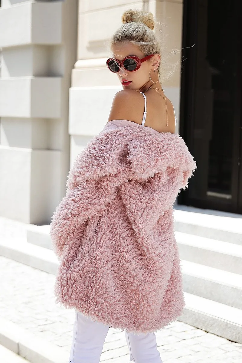 Faux Fur Long Casual Pink Coat