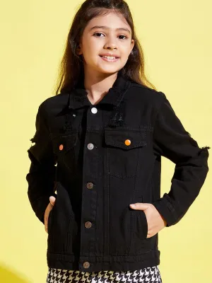 Girls Black Distressed Neon Button Denim Jacket - Lyush Kids