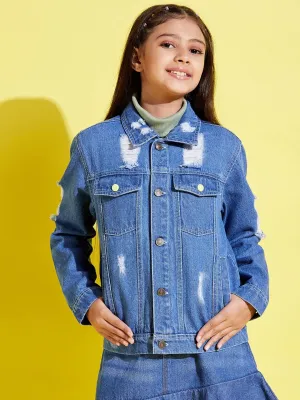 Girls Blue Distressed Neon Button Denim Jacket