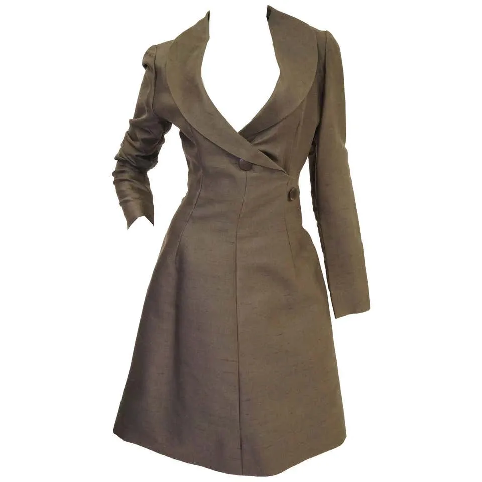 Vintage 1960s Givenchy Raw Silk Wrap Dress in Elegant Grey Umber