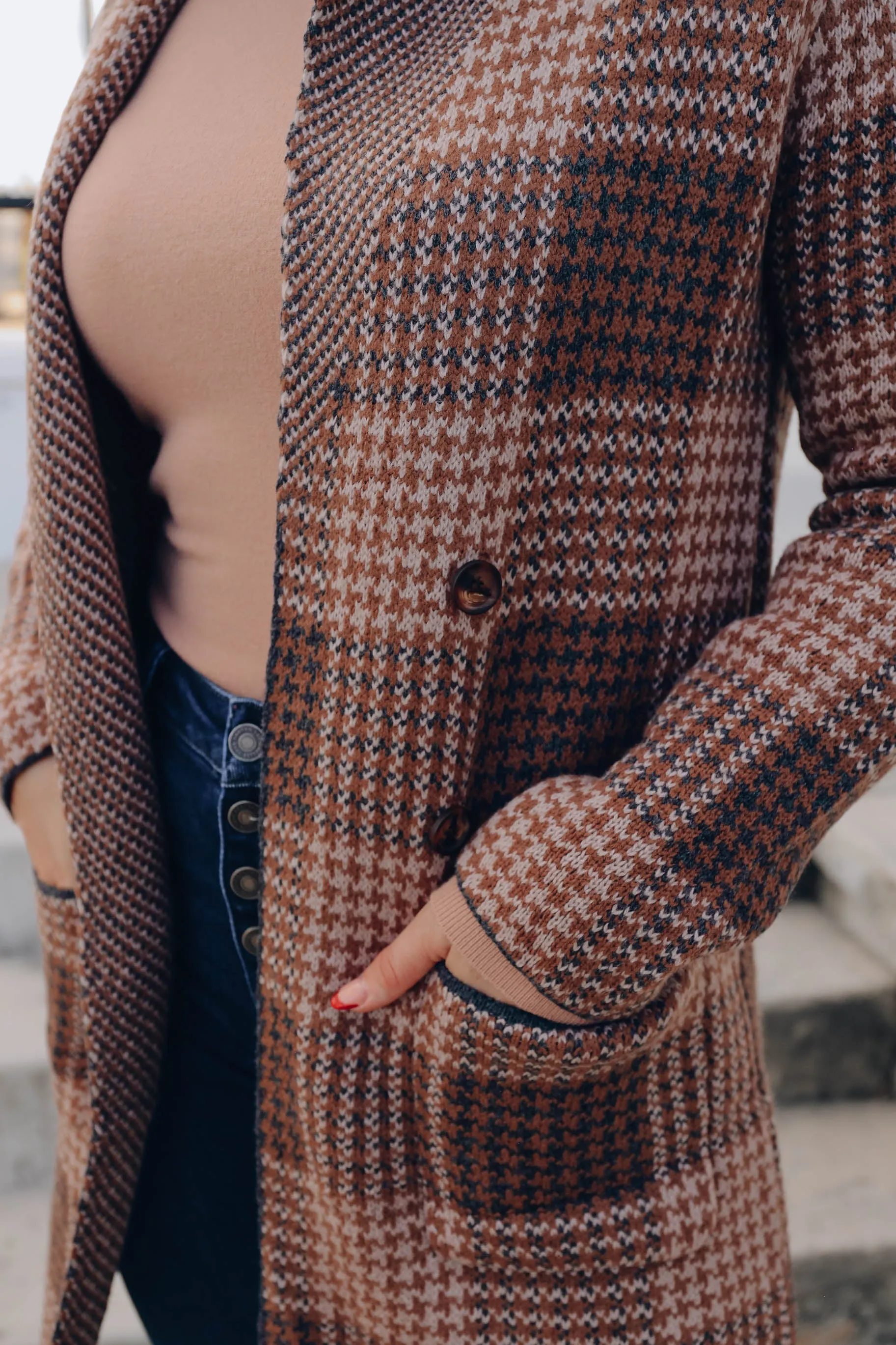 Glen Plaid Relaxed Knit Coat - Almond