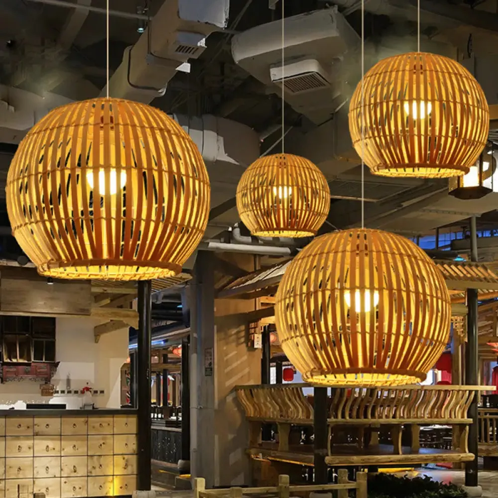 Global Bamboo Stripe Pendant Light Fixture - 12"/16"/19.5" Width - 1 Head - Beige - Ideal for Restaurants