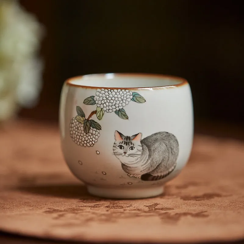 Gohobi Hand-painted Grey Cat Hydrangeas Ceramic Tea Cup