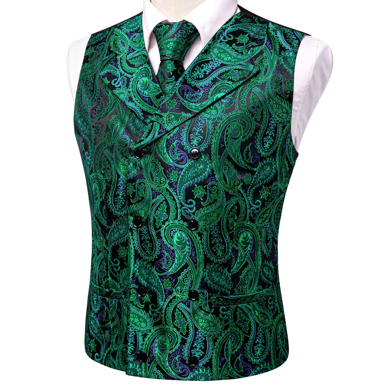 Green Blue Paisley Jacquard Silk Men's Vest Hanky Cufflinks Tie Set