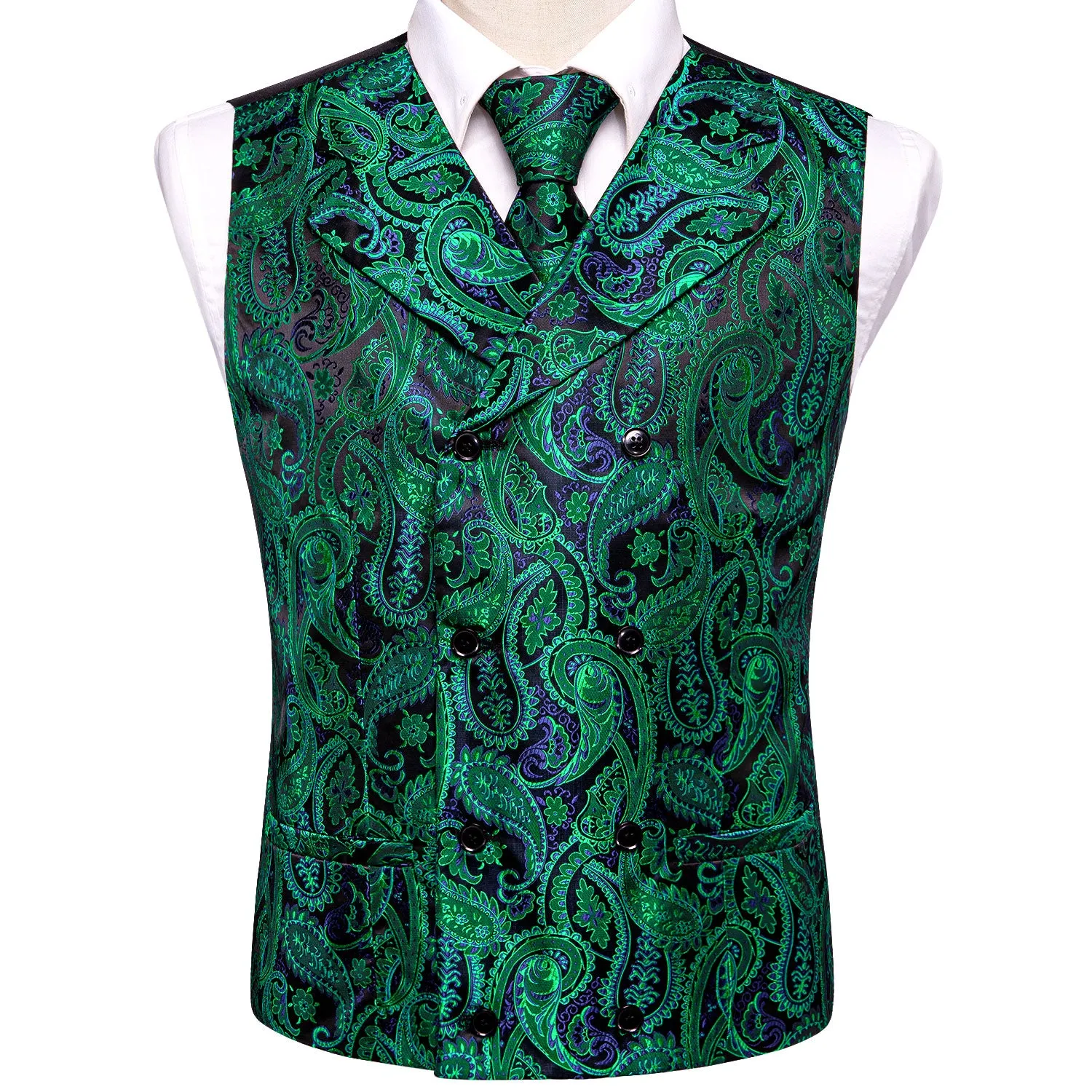 Green Blue Paisley Jacquard Silk Men's Vest Hanky Cufflinks Tie Set