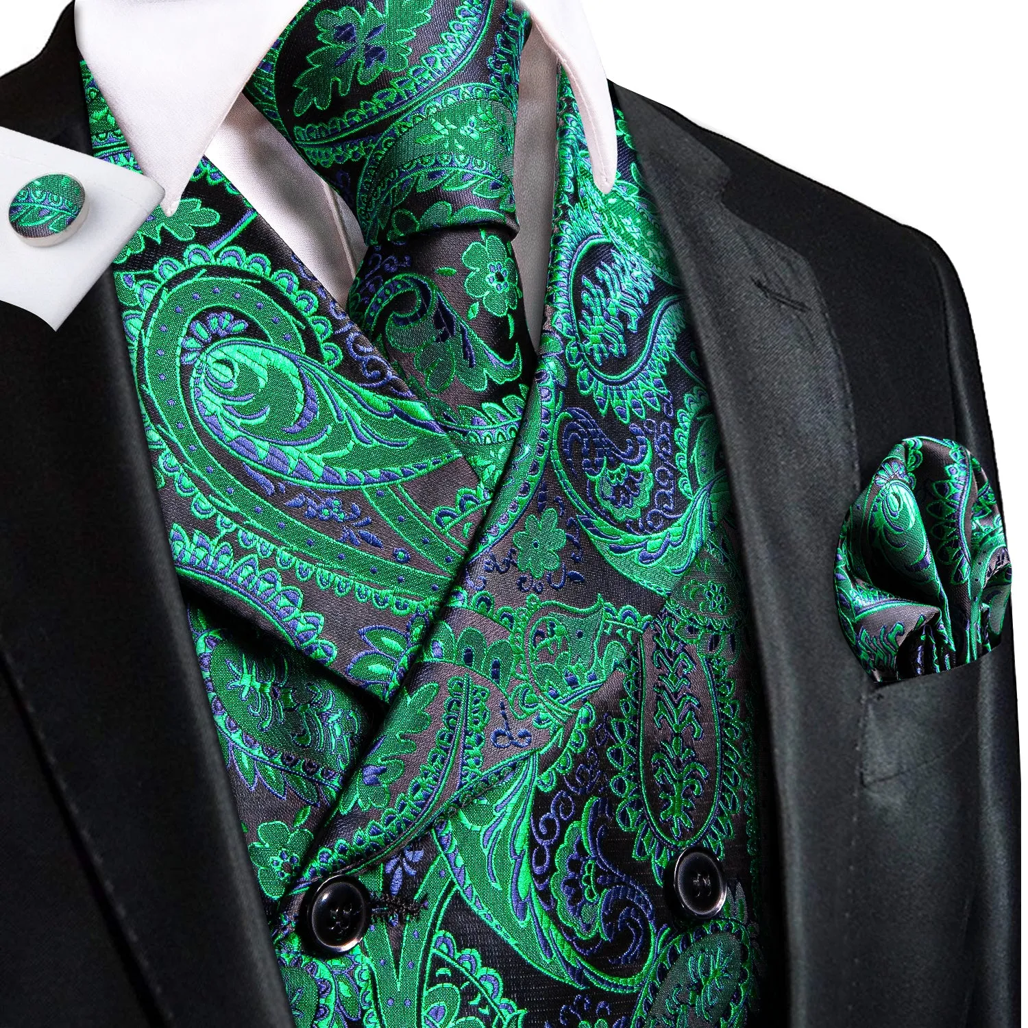 Green Blue Paisley Jacquard Silk Men's Vest Hanky Cufflinks Tie Set