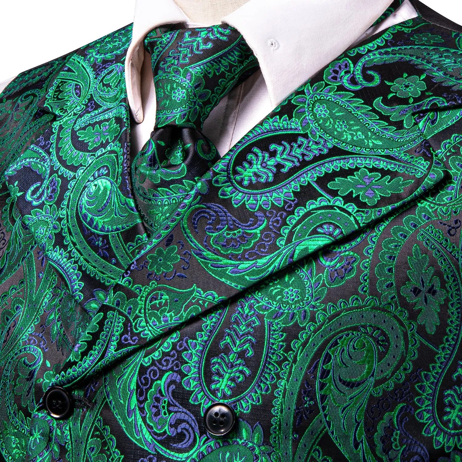 Green Blue Paisley Jacquard Silk Men's Vest Hanky Cufflinks Tie Set