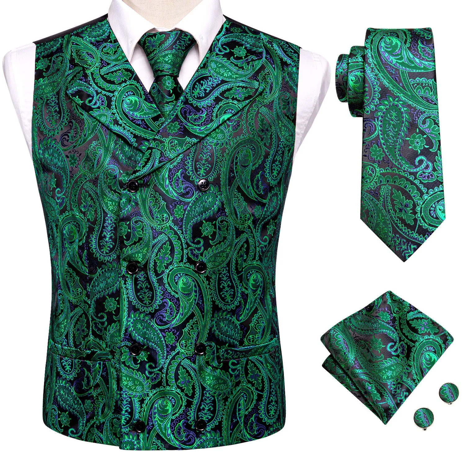 Green Blue Paisley Jacquard Silk Men's Vest Hanky Cufflinks Tie Set