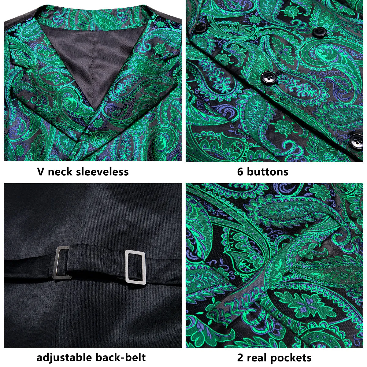 Green Blue Paisley Jacquard Silk Men's Vest Hanky Cufflinks Tie Set