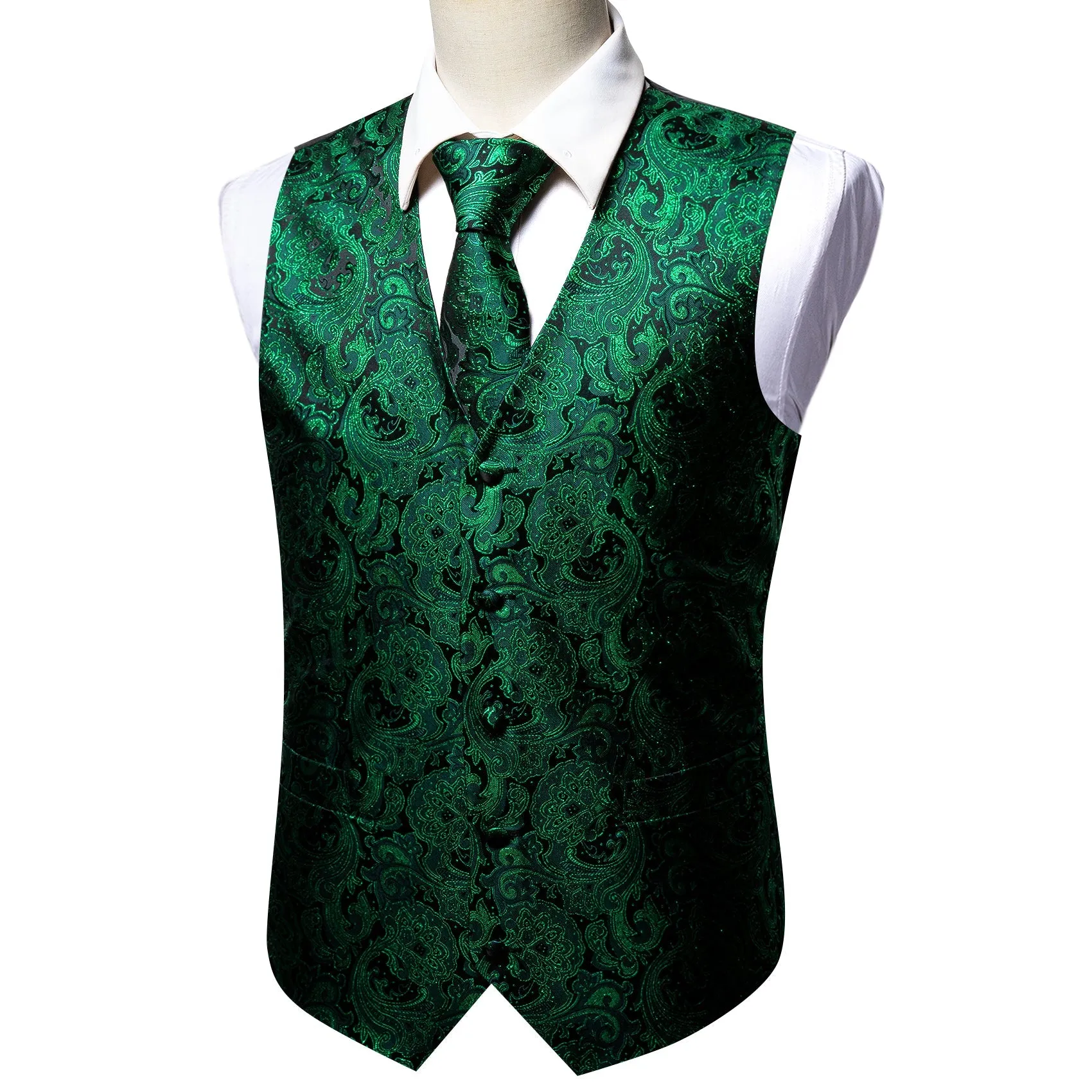 Green Paisley Jacquard Silk Men's Vest Hanky Cufflinks Tie Set