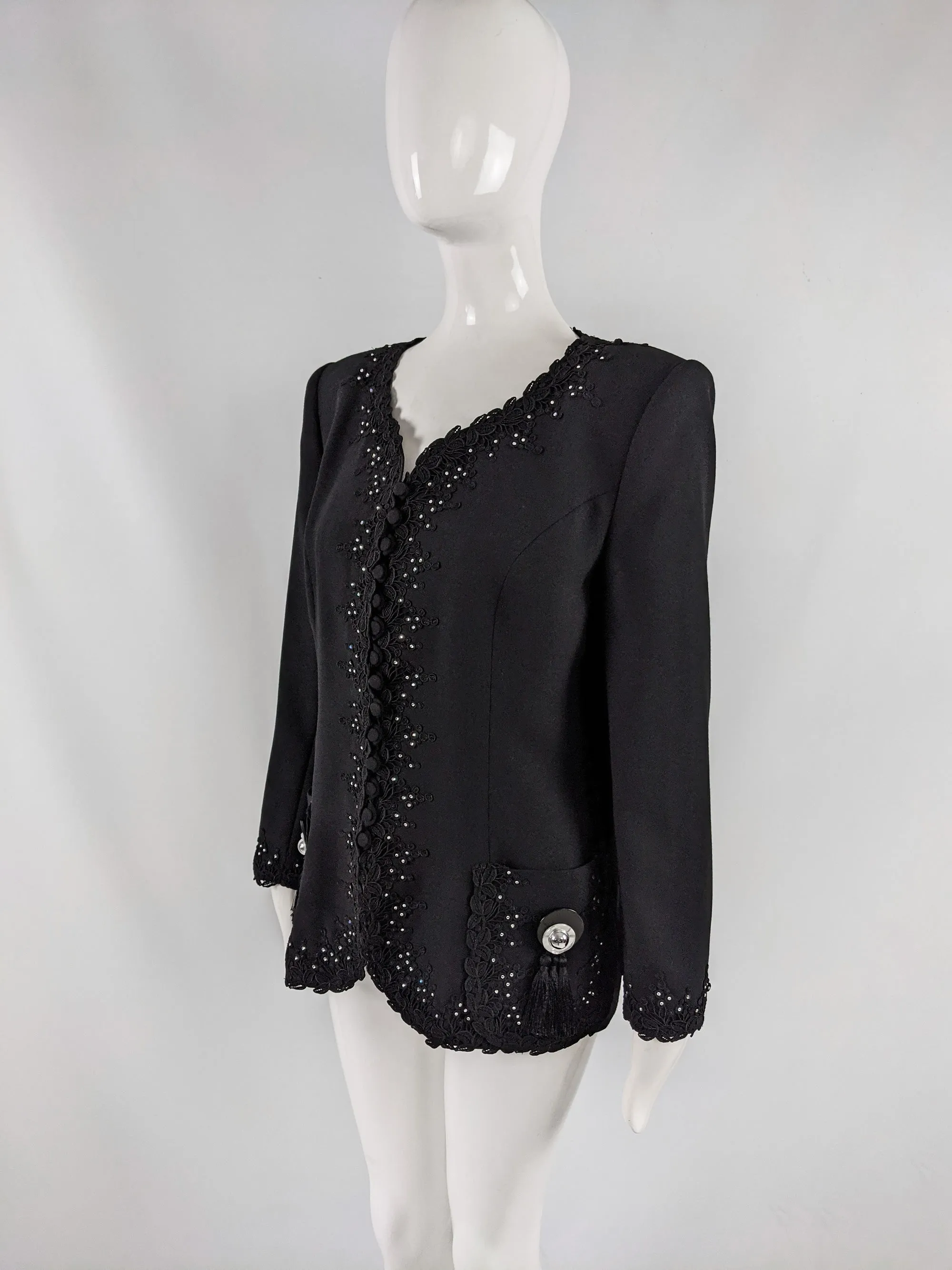 Helen Anderson Vintage Womens Fringed Lace Trim Crepe Jacket, 1980s