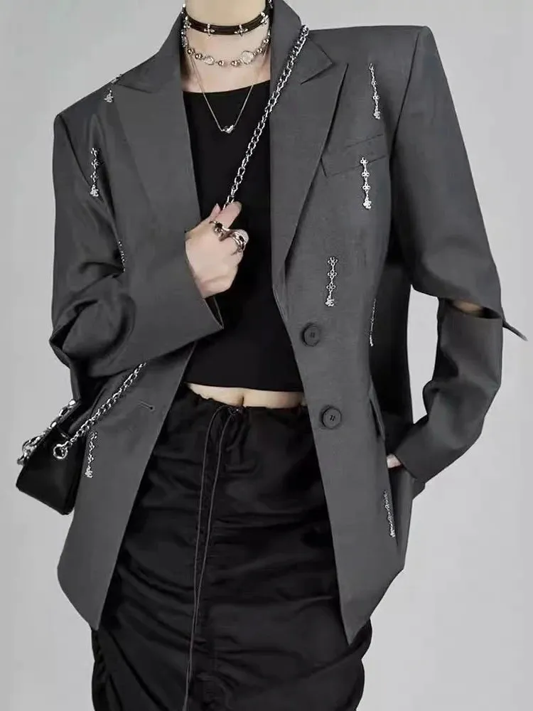 Hollow Out Patchwork Chain Chic Blazers For Women Notched Collar Long Sleeve Spliced Button Minimalist Coat Female Fashion