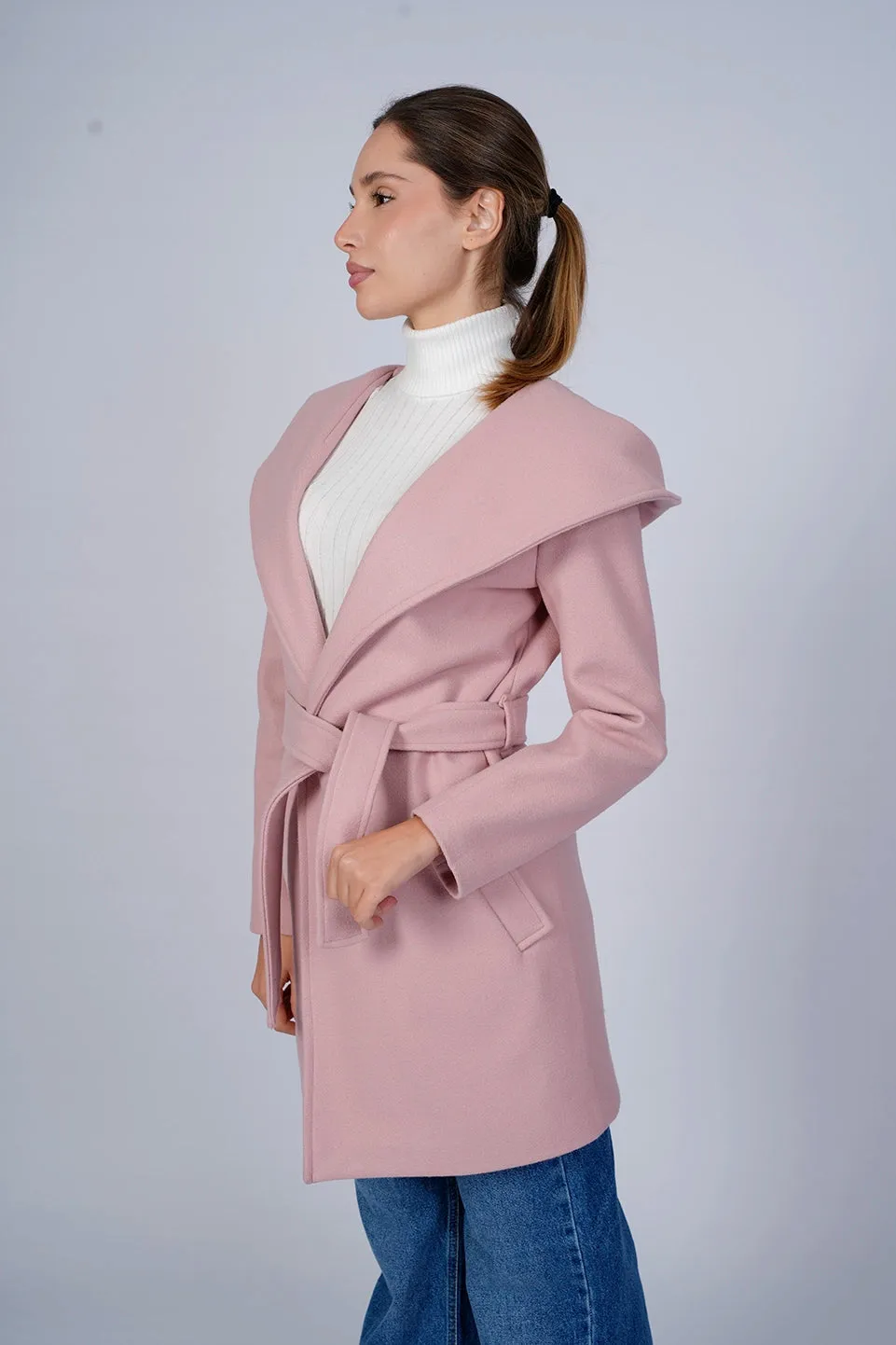 Hooded Wrap Pink Short Coat