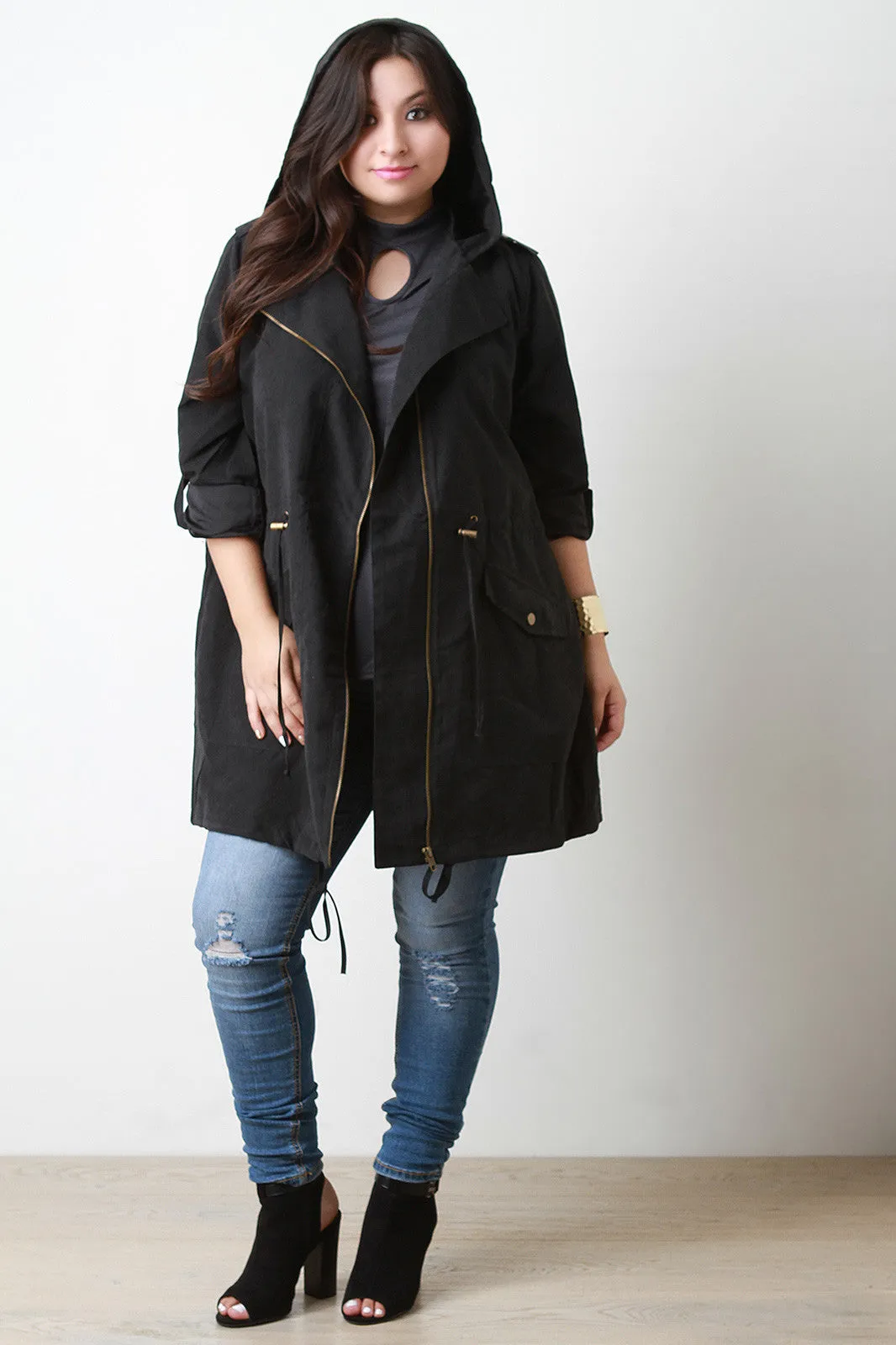 Hooded Zip Up Drawstring Utility Trench Coat