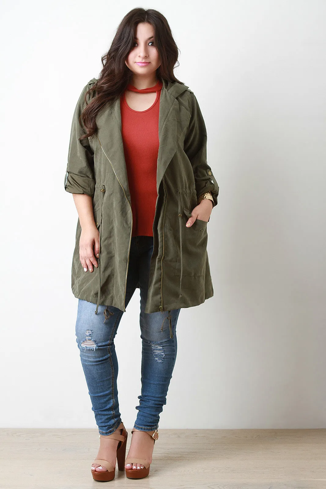 Hooded Zip Up Drawstring Utility Trench Coat