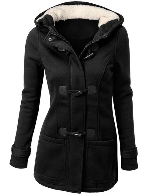 Horn Buttoned Autumn Long Hooded Coat