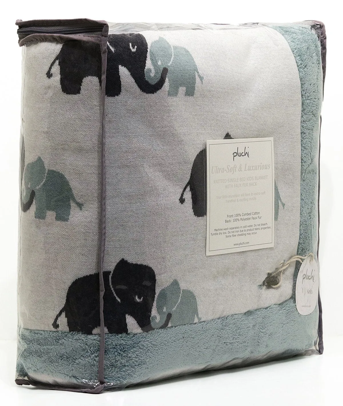 Indian Elephant -Ivory & Indus Blue Color Cotton Knitted Blanket with Faux Fur Back for Kids