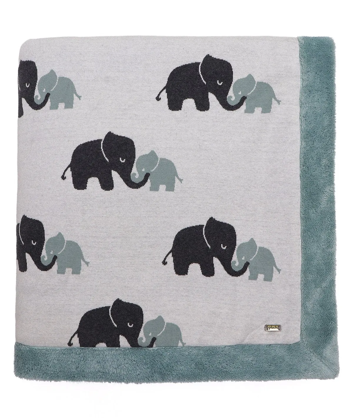 Indian Elephant -Ivory & Indus Blue Color Cotton Knitted Blanket with Faux Fur Back for Kids