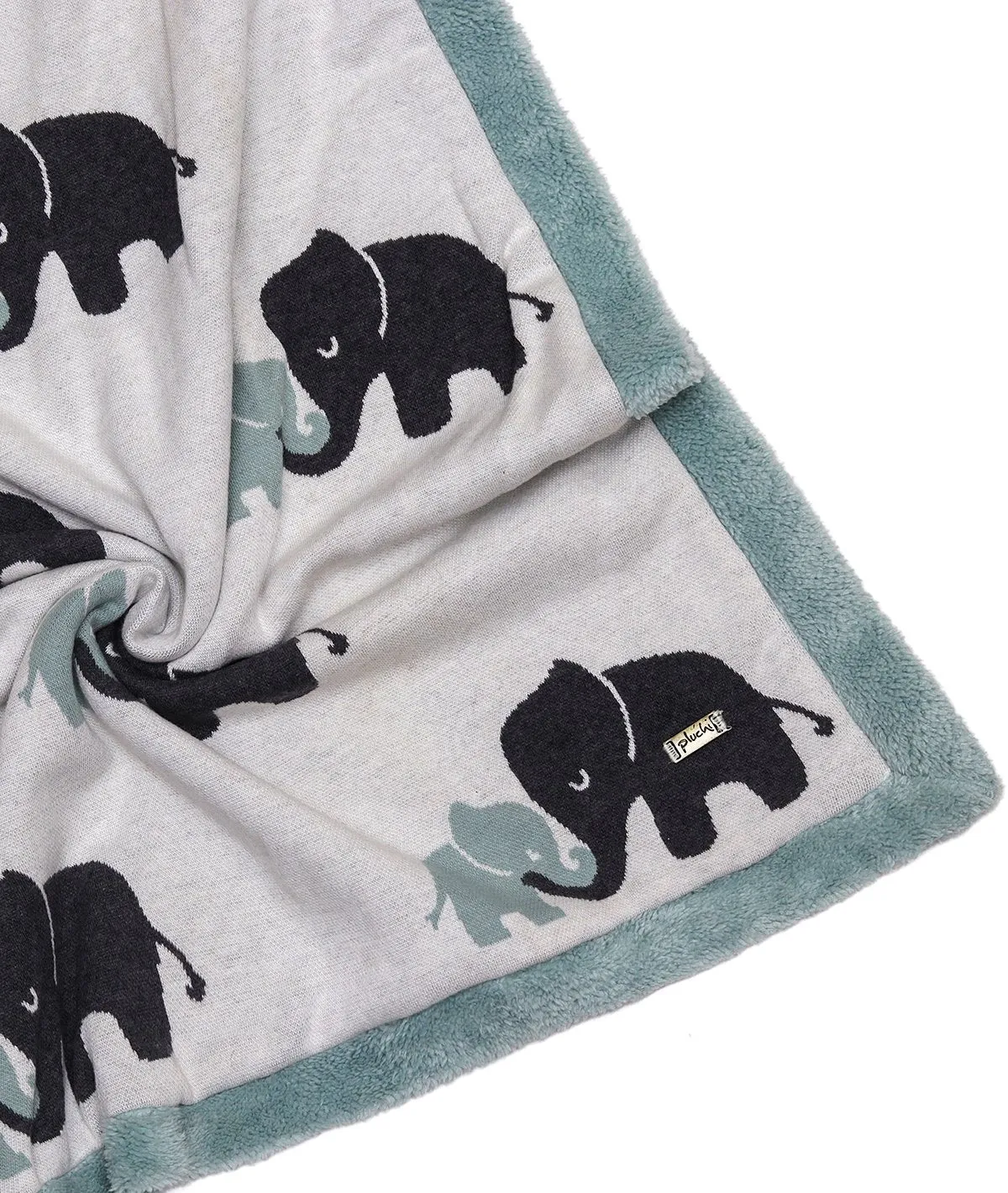 Indian Elephant -Ivory & Indus Blue Color Cotton Knitted Blanket with Faux Fur Back for Kids