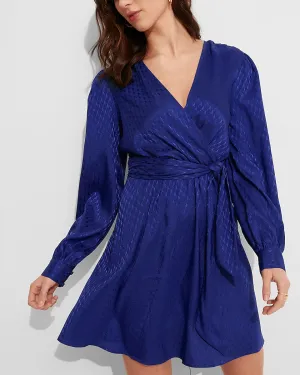 Jacquard Satin Tie Waist Long Sleeve Mini Dress in Summer Blue