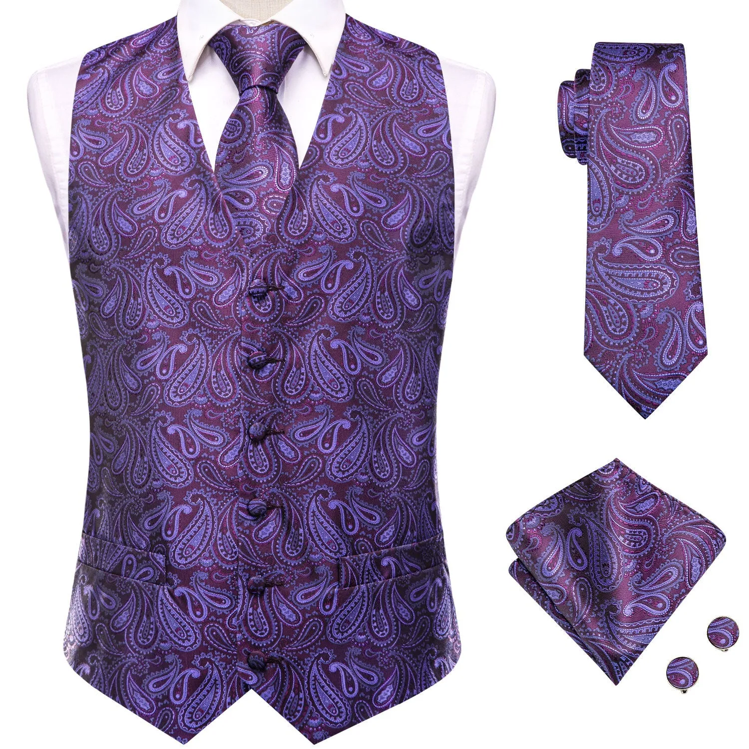 Jam Purple Jacquard Silk Men's Vest Hanky Cufflinks Tie Set