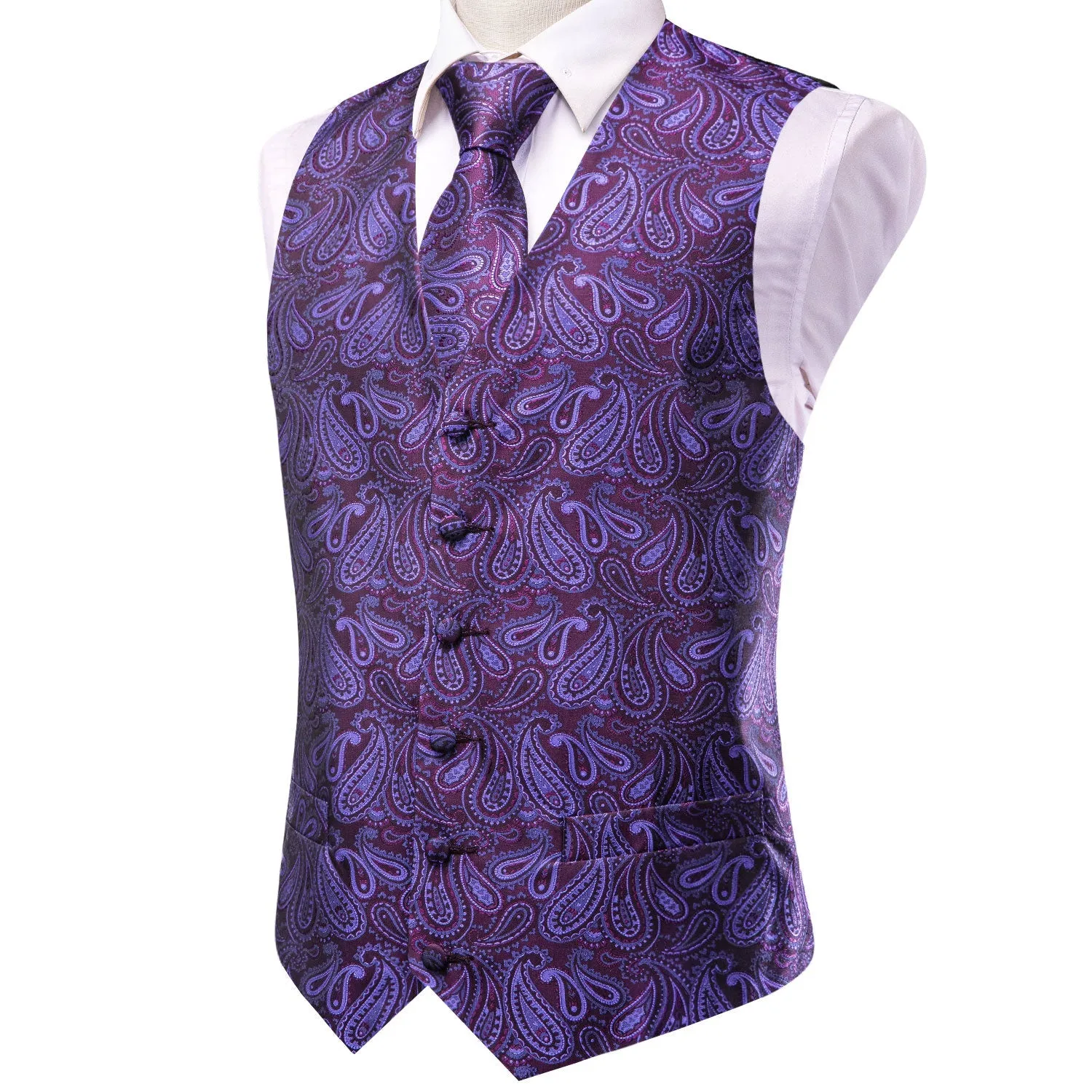 Jam Purple Jacquard Silk Men's Vest Hanky Cufflinks Tie Set