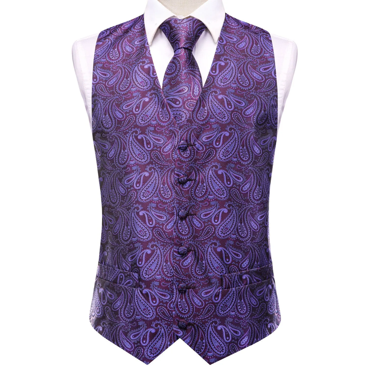 Jam Purple Jacquard Silk Men's Vest Hanky Cufflinks Tie Set