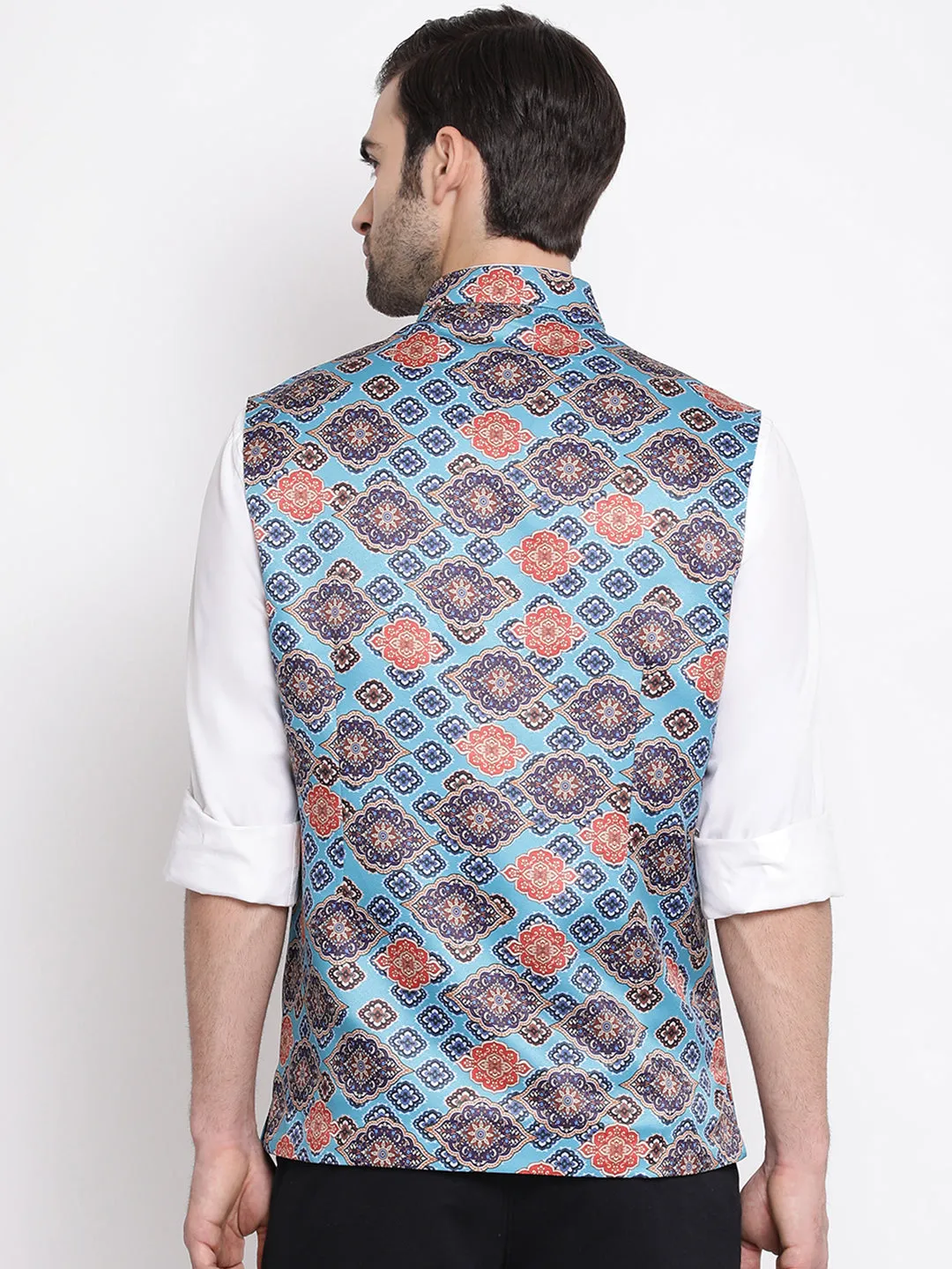 Jashvi Men's Blue Digital Printed Royal Nehru Jacket