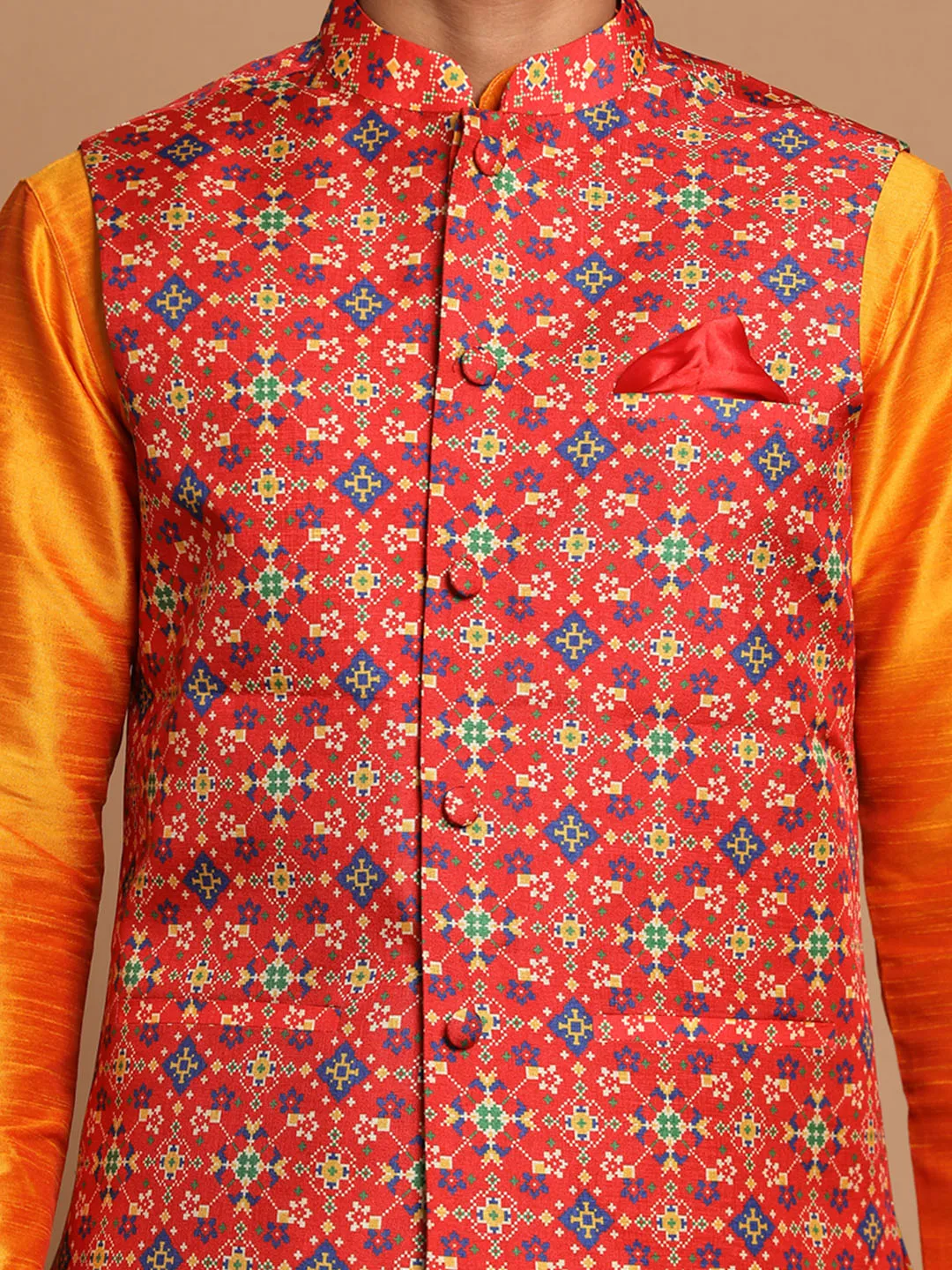 Jashvi Men's Maroon Color Patola Print Nehru Jacket