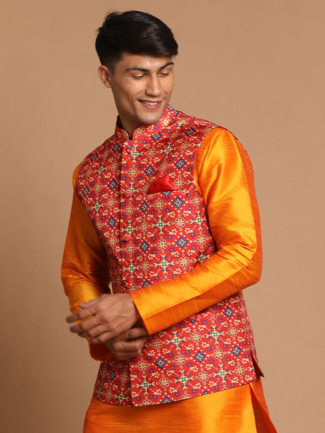 Jashvi Men's Maroon Color Patola Print Nehru Jacket