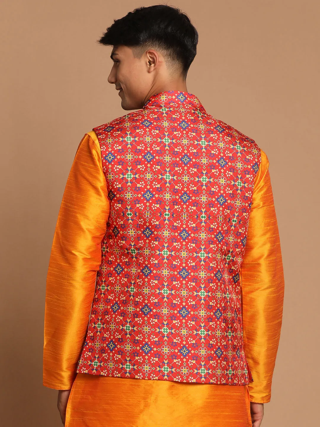 Jashvi Men's Maroon Color Patola Print Nehru Jacket