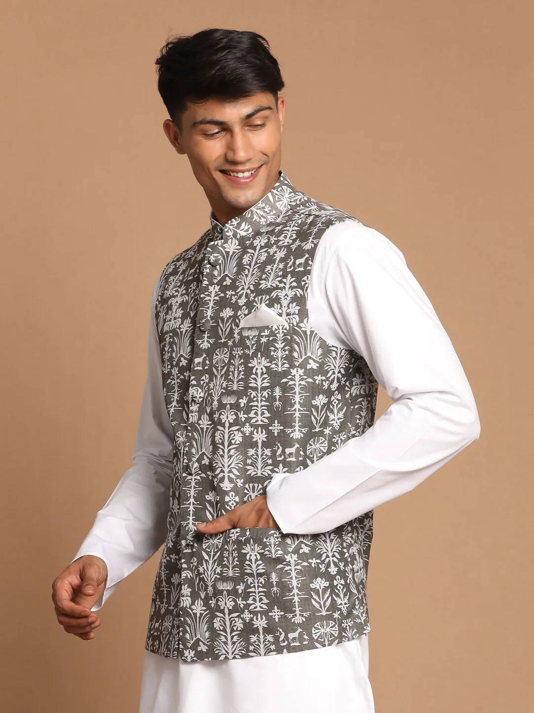 Jashvi Men's Mehdi Green And White Printed Cotton Blend Nehru Jacket