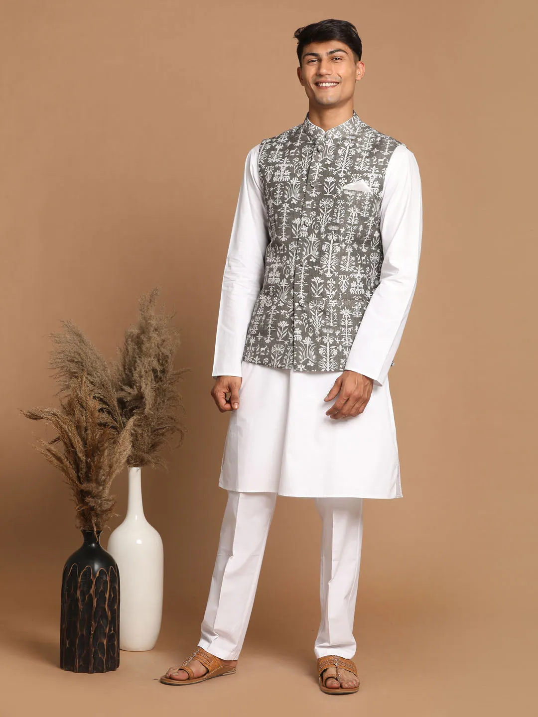 Jashvi Men's Mehdi Green And White Printed Cotton Blend Nehru Jacket