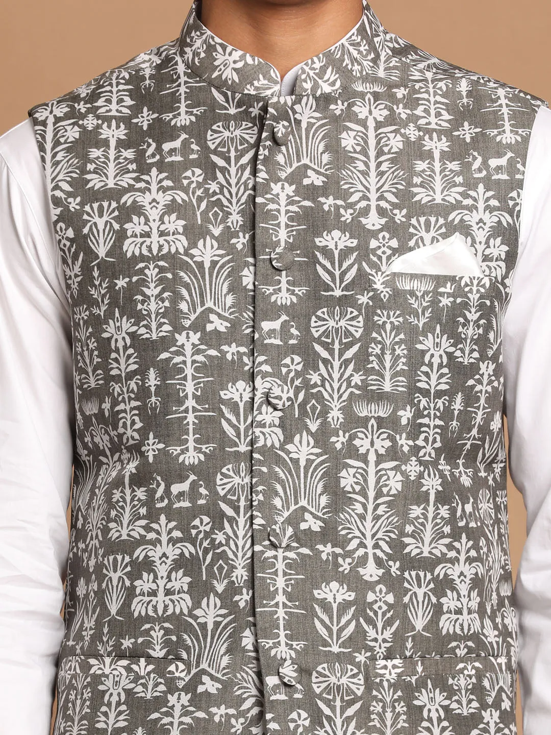 Jashvi Men's Mehdi Green And White Printed Cotton Blend Nehru Jacket