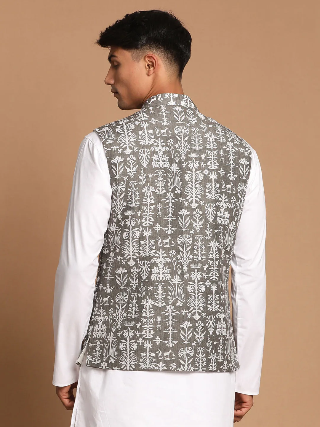 Jashvi Men's Mehdi Green And White Printed Cotton Blend Nehru Jacket