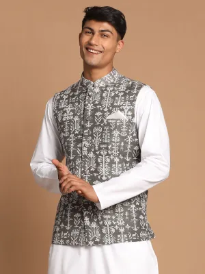 Jashvi Men's Mehdi Green And White Printed Cotton Blend Nehru Jacket