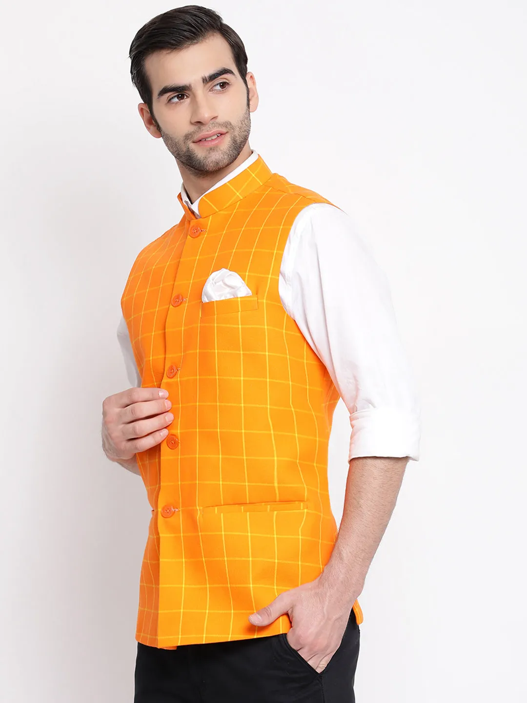 Jashvi Men's Orange Checkered Pattern Classic Nehru Jacket