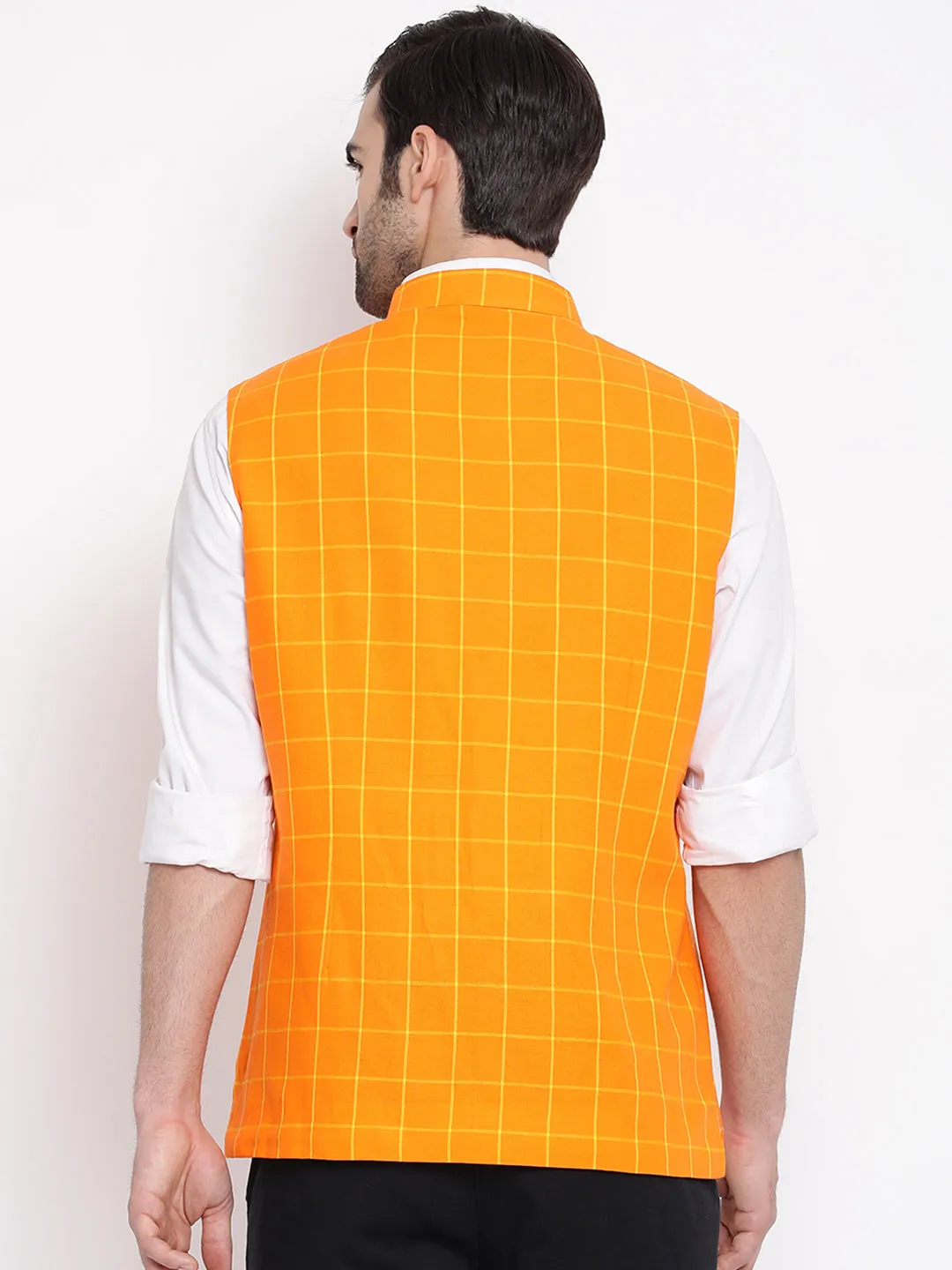 Jashvi Men's Orange Checkered Pattern Classic Nehru Jacket