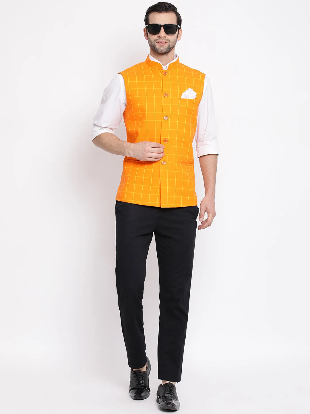 Jashvi Men's Orange Checkered Pattern Classic Nehru Jacket