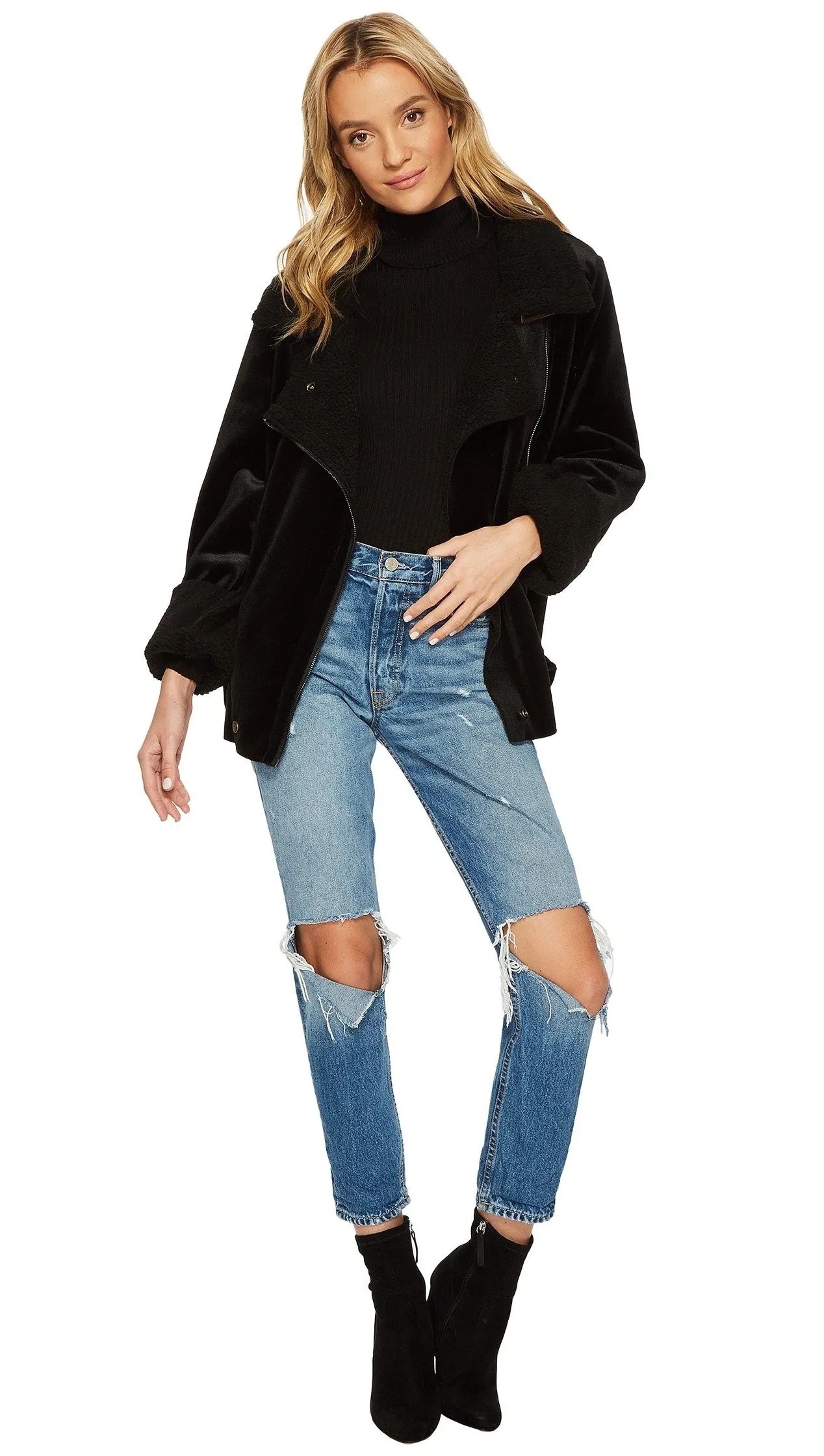 JOA Velour Shearling Moto Biker Jacket Black