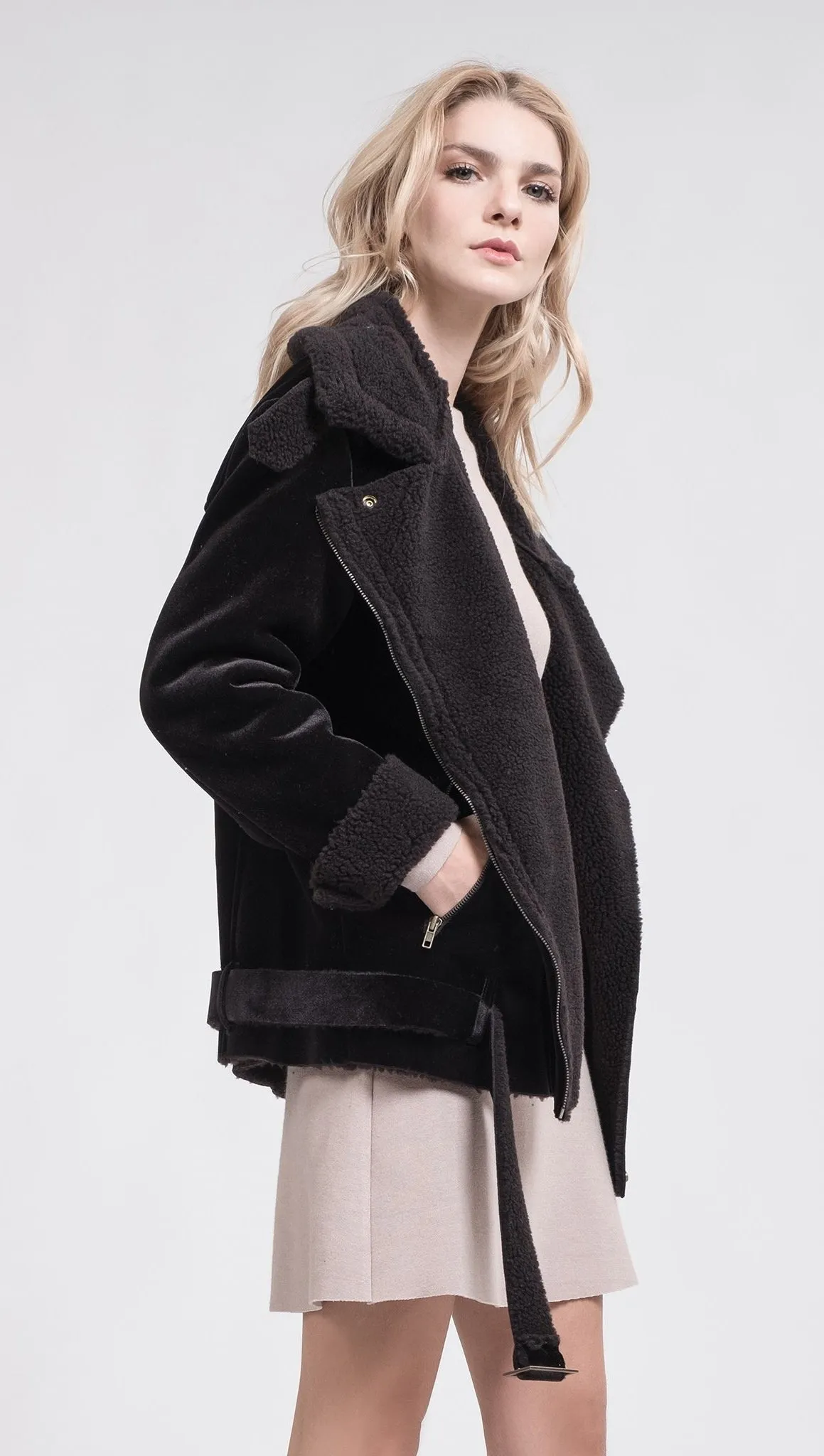 JOA Velour Shearling Moto Biker Jacket Black