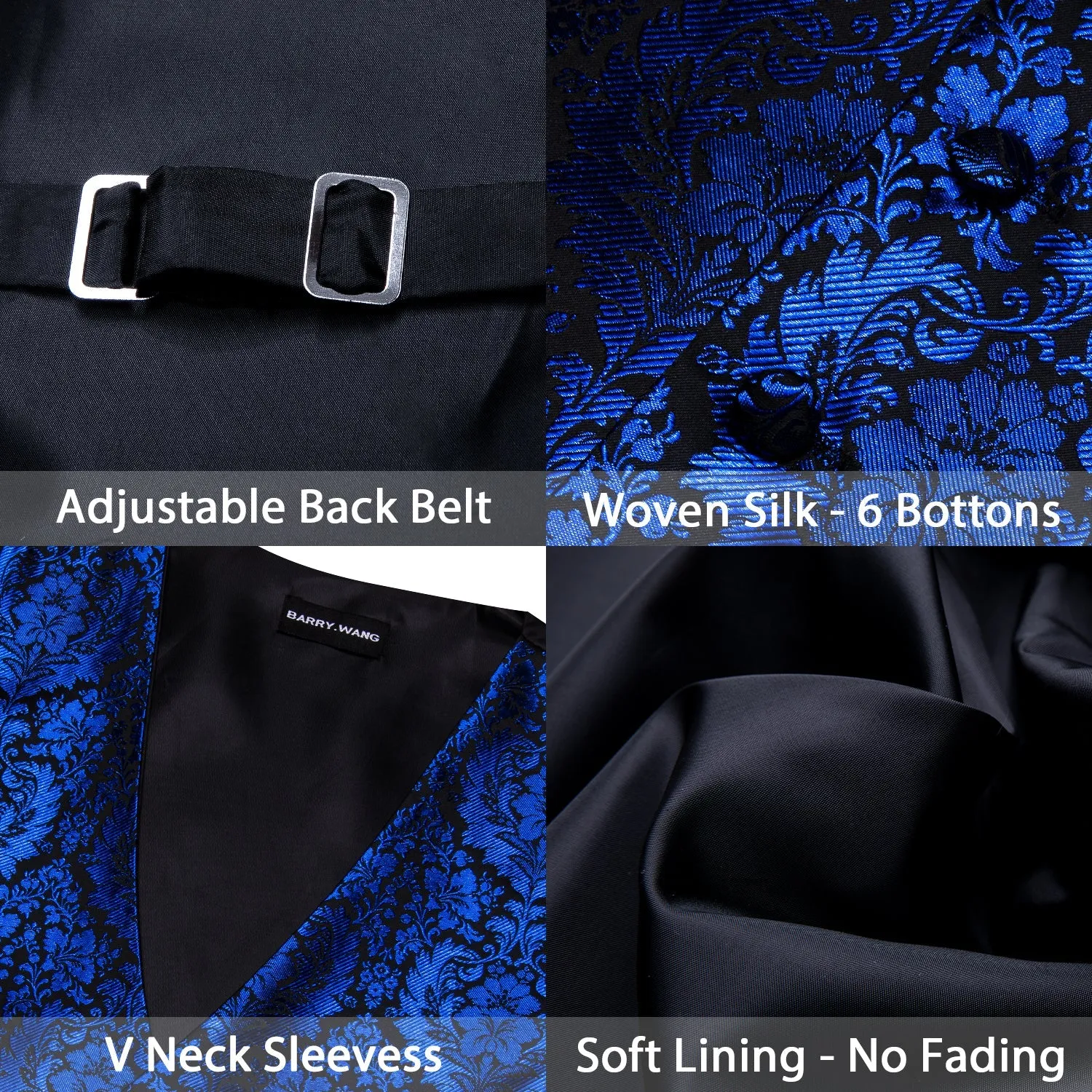 Klein Blue Floral Silk Men's Vest Hanky Cufflinks Tie Set