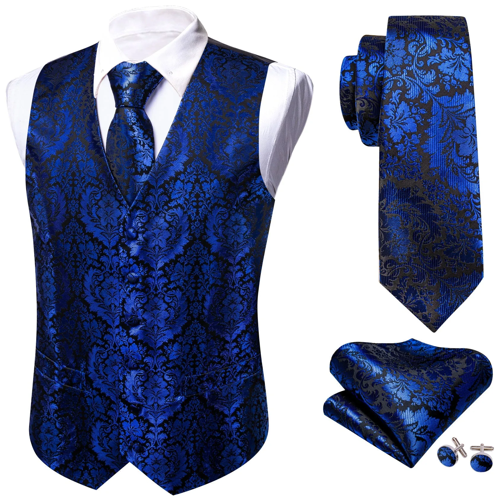 Klein Blue Floral Silk Men's Vest Hanky Cufflinks Tie Set