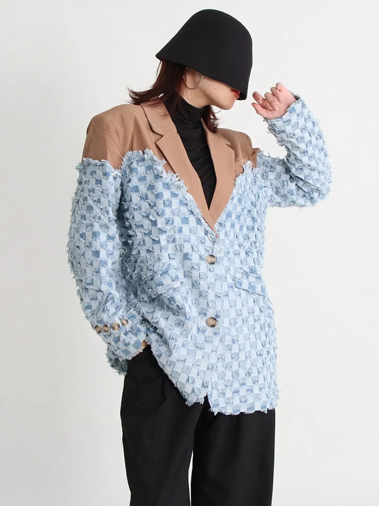 Korean Patchwork Denim Blazer For Women Notched Collar Long Sleeve Raw Hem ColorBlock Blazers Female Clothing Style