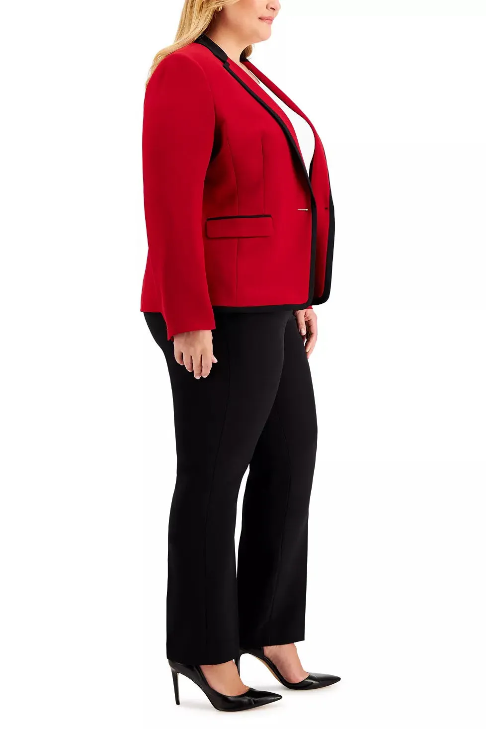 Le Suit Notched Collar One Button Closure Slit Cuff Piping Detail Jacket with Button Hook Zipper Closure (Plus Size)