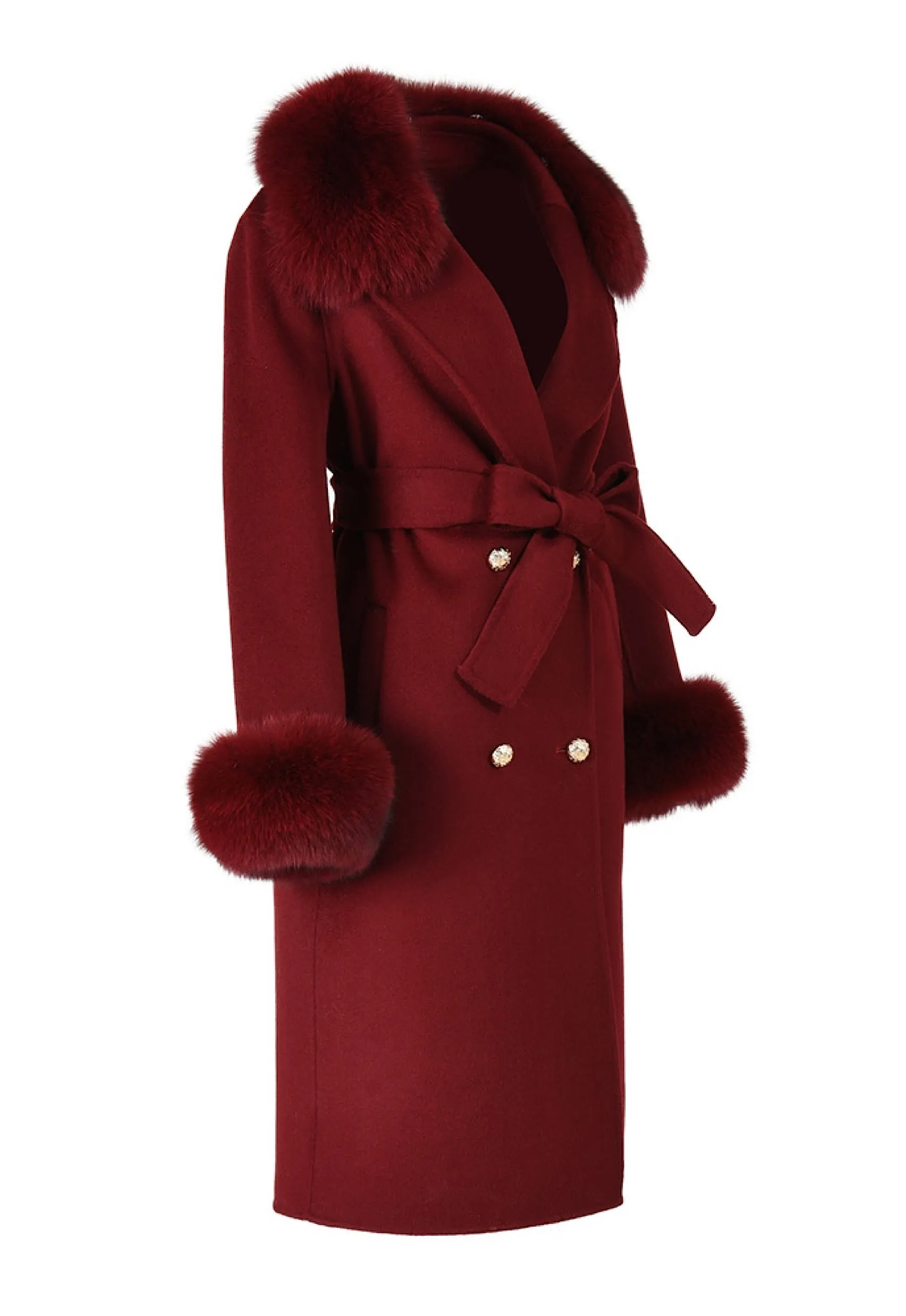 LONDON Burgundy Cashmere Coat with Fox Fur